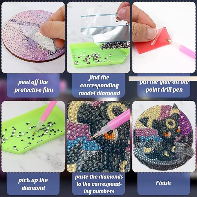 8 Pcs Diamond Painting Coasters with Holder, Beginners DIY Diamond Art Coasters Crafts for Adults,Small Diamond Painting Kits Circular Coaster Suitable for Gifts and Office Home(8 Wooden)