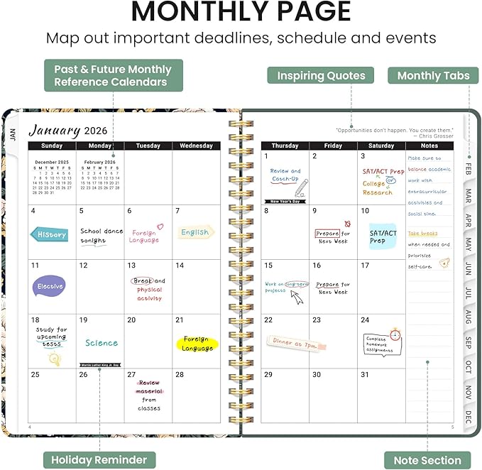 2026 Planner, Monthly and Weekly Calendar Planner for Women, Jan 2026 - Dec 2026, Hardcover Pretty 2026 Agenda Planner Book with Tabs, Spiral Bound, Perfect for School Office Home Supplies, 6.3" x 8.5" - Dark Peony