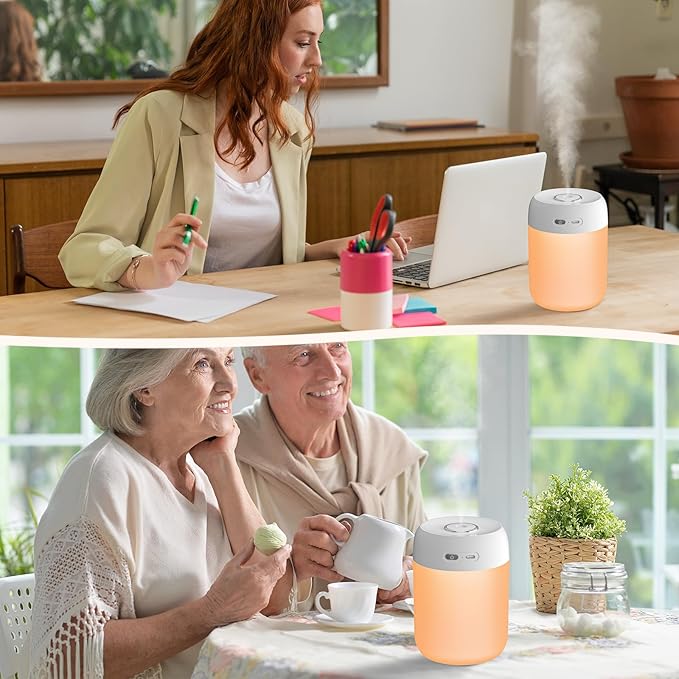 Portable Mini Humidifier, 650ml, Colorful LED Light & Warm Light, Cool Mist, USB, Personal Mini Humidifier for Desktop, Bedroom, Office, Home, Travel, Plants (White)