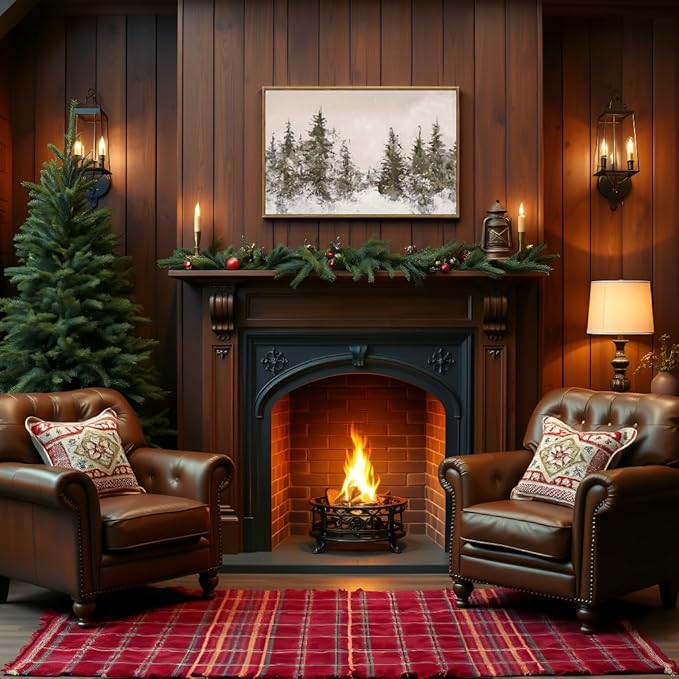 VIYYIEA Framed Canvas Wall Art, Large Vintage Christmas Picture Decor Indoor, 16x24in, Retro Winter Pine Forest Painting Artwork For Living Dining Room Hallway Fireplace, Holiday Decorations