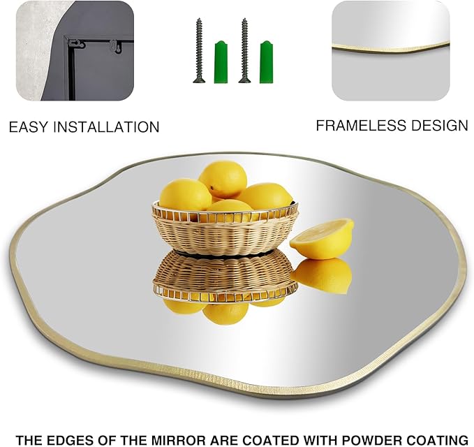 POZINO Irregular Wall Mirror, 35" Large Asymmetrical Mirrors, Gold Scalloped Rounded Mirror, Modern Frameless Abstract Circle Mirrors for Living Room Bedroom Bathroom Entryway Hallway Fireplace