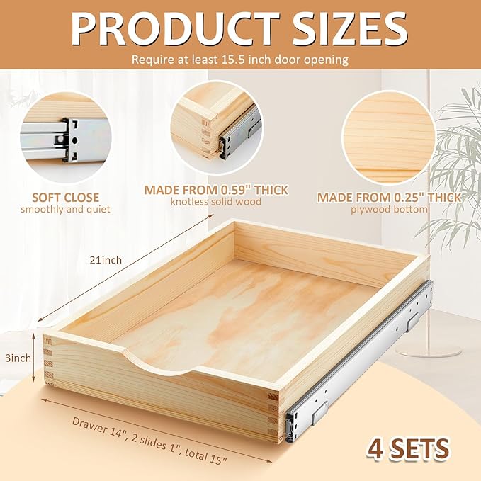 Sintuff 4 Set Wooden Pull out Tray Cabinet Organizer Soft Close Roll out Shelves for Kitchen Cabinets Fully Assembled Slide Pantry Shelves(15'' X 21'')