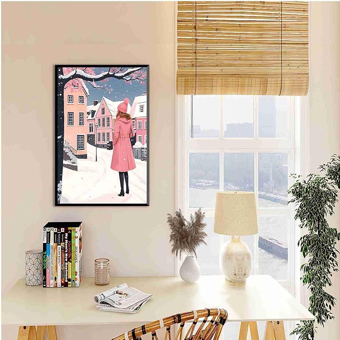 Framed Canvas Wall Art serene winter scene in a quaint village art print Christmas snow cosy winter's day 8x12in Metal blackFramed