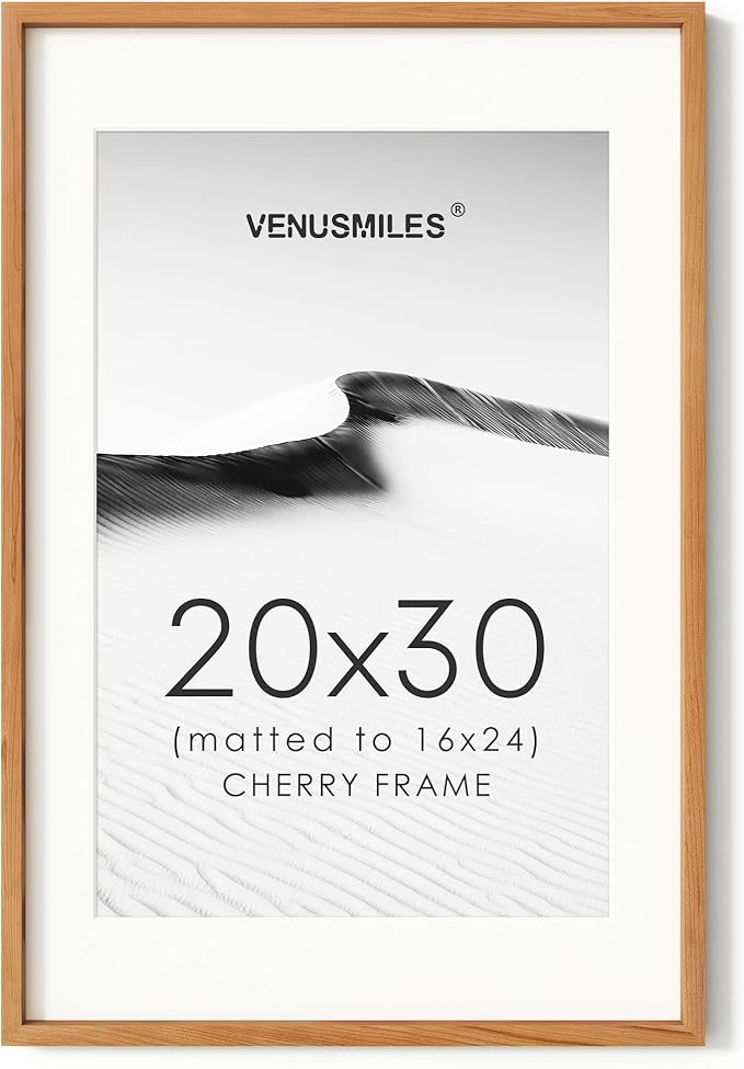 20x30 Poster Frame, USA-Sourced Natural Cherry Wood Picture Collage Frame with HD Tempered Glass, Modern Simple 20 x 30 Wooden Photo Frame Matted to 16x24, Vertical & Horizontal Wall Hanging Display