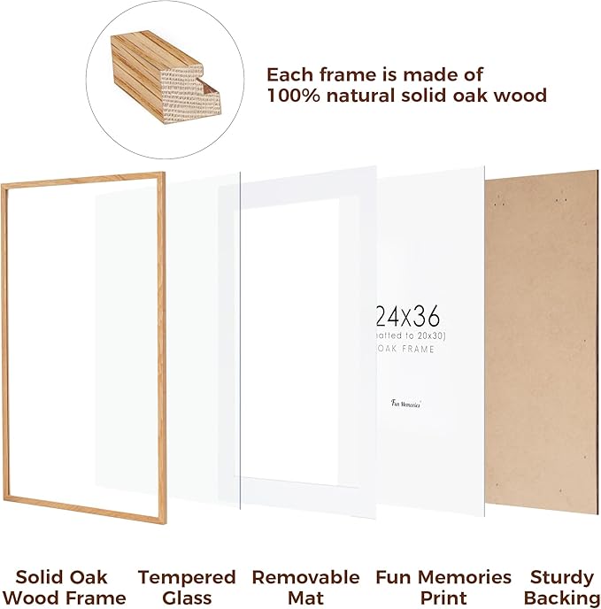 24x36 Picture Frame, 24x36 Poster Frame - Solid Oak Wood & Tempered Real Glass, Large 24 x 36 Frame for Wall, Rustic Wooden 24 by 36 Frame, 24x36 Frame with Mat for 20x30, Natural Oak Color