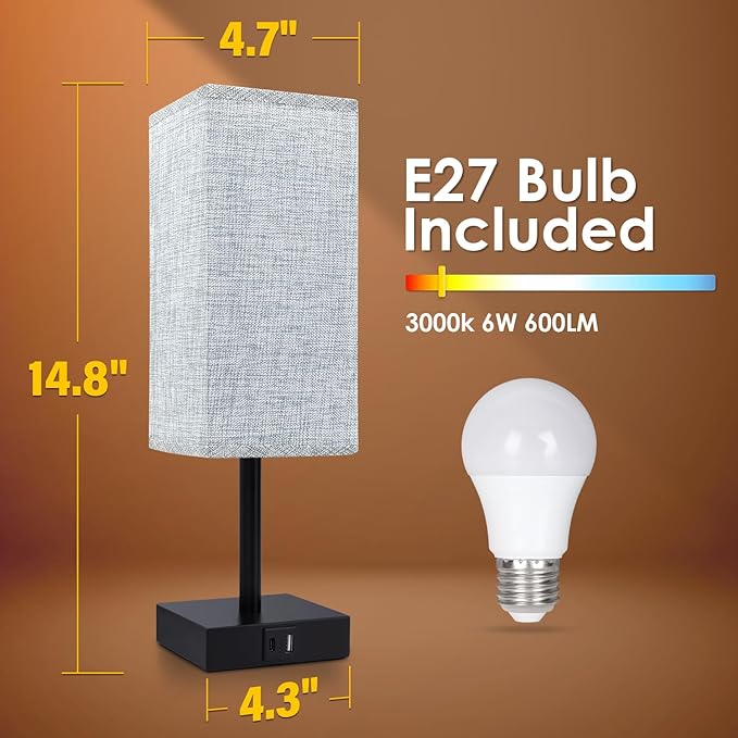 Bedside Table Lamps Set of 2 - Touch Nightstand Lamp for Bedroom with USB C+A Charging Ports & AC Outlets, 3-Way Dimmable Desk Lamp Grey Fabric Shade for Bedroom Living Room, Office(Bulb Included)