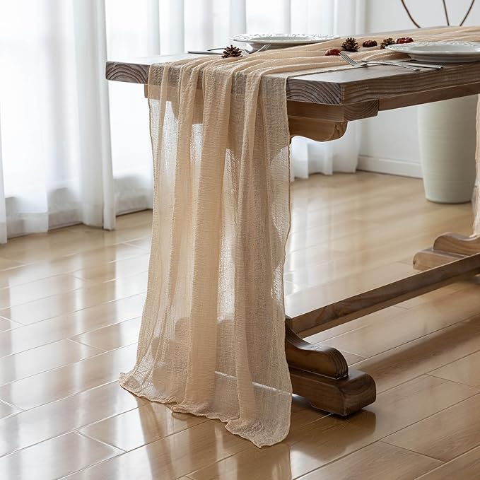 Keketoarrange 6pcs Deep Beige Cheesecloth Table Runner Rustic Boho Butter Gauze 120 Inch 10 FT Cheese Cloth for Wedding Baby Bridal Shower Birthday Engagement Party Long Sheer Spring Home Decorations