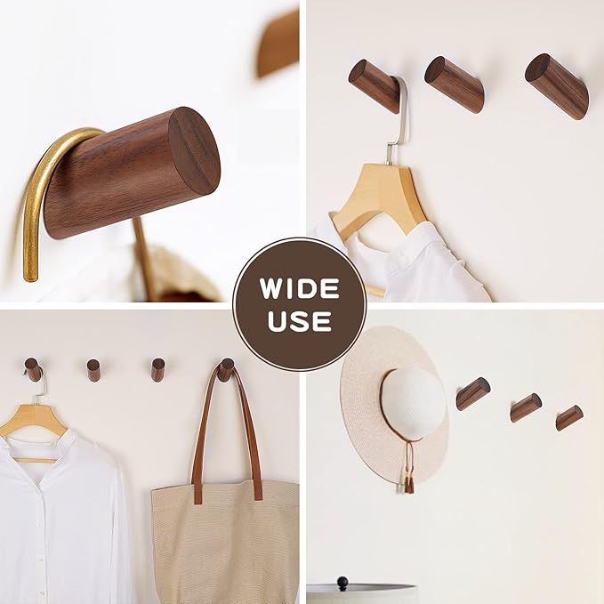 Wall Hook 4 Pack, Wood Coat Hooks Hat Rack, Modern Wooden Hooks for Hanging Hats Coats Towels Planter, Entryway Wall Hanger (Walnut Wood)