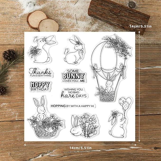 Hot Air Balloon Flower Rabbit Stamps and Cutting Dies for Card Making DIY Transparent Silicone Clear Stamp and Metal Die Cuts Sets for Scrapbooking Paper Greeting Cards Decor Seals Craft Supplies