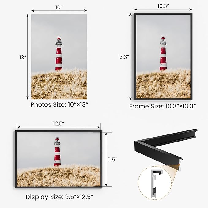 10x13 Aluminum Metal Picture Frame,Tempered Glass Black Photo Frame 10x13 for Family Photo,Posters,Art,Document to Wall Mount Horizontally or Vertically