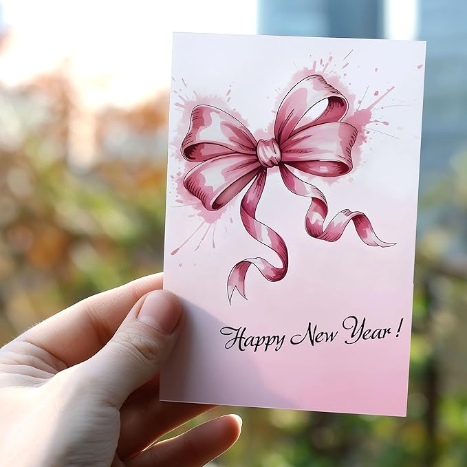 (5.3x8in) Happy New Year Card, Elegant Pink Bow with Watercolor Splash, Classy Greeting Card for Women, Friends, Coworkers or Family, New Year’s Eve Celebration Stationery Envelope (Xmas 38)