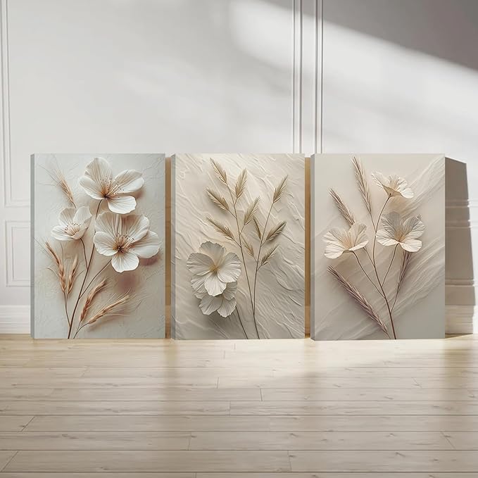 TUEASKY 3 Piece Canvas Wall Art Beige Wall Decor Floral Pictures Flower Art Prints Neutral Botanical Paintings Minimalist Artwork For Bedroom Living Room Office