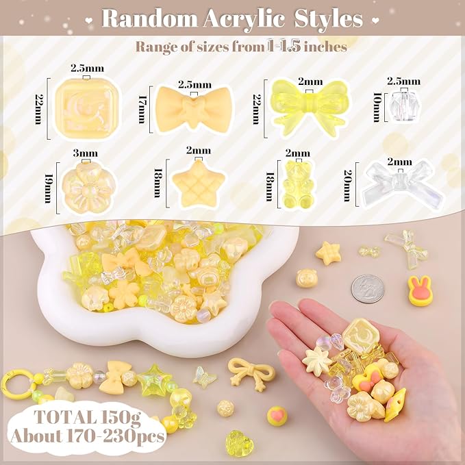 200-260PCS TINKRSTUFF Assorted Acrylic Beads Yellow Cute Beads for Bracelet Making, Bow Aesthetic GummyBear Flower Candy Butterfly Kawaii Charms for Jewelry Making DIY Necklace Keychain Phone Charm