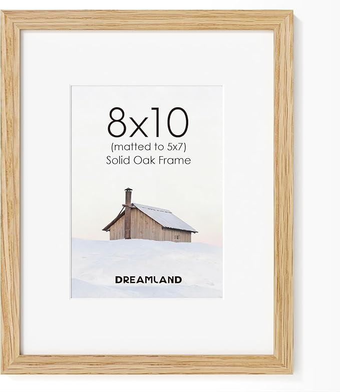 Dreamland 8x10 Picture Frame, Solid Oak Wood Photo Frame with Mat for 5x7, 8 x 10 Matted Picture Frames with Resistant Plexiglass for Wall Mounting or Tabletop, Oak Color, Set of 1