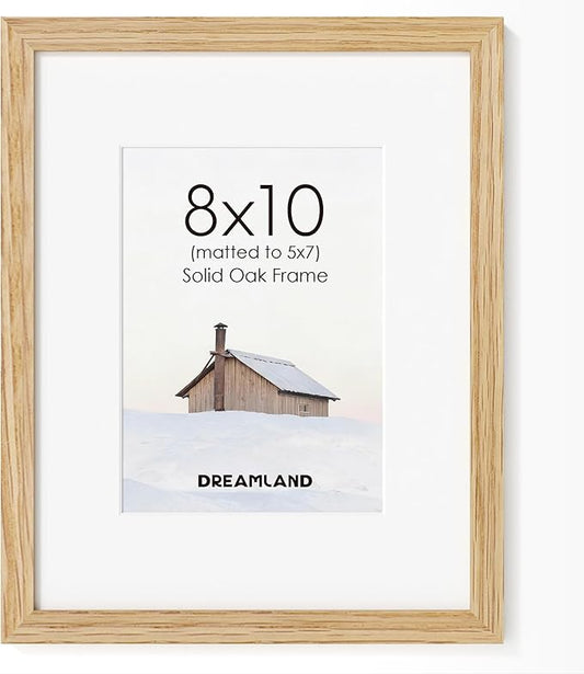Dreamland 8x10 Picture Frame, Solid Oak Wood Photo Frame with Mat for 5x7, 8 x 10 Matted Picture Frames with Resistant Plexiglass for Wall Mounting or Tabletop, Oak Color, Set of 1