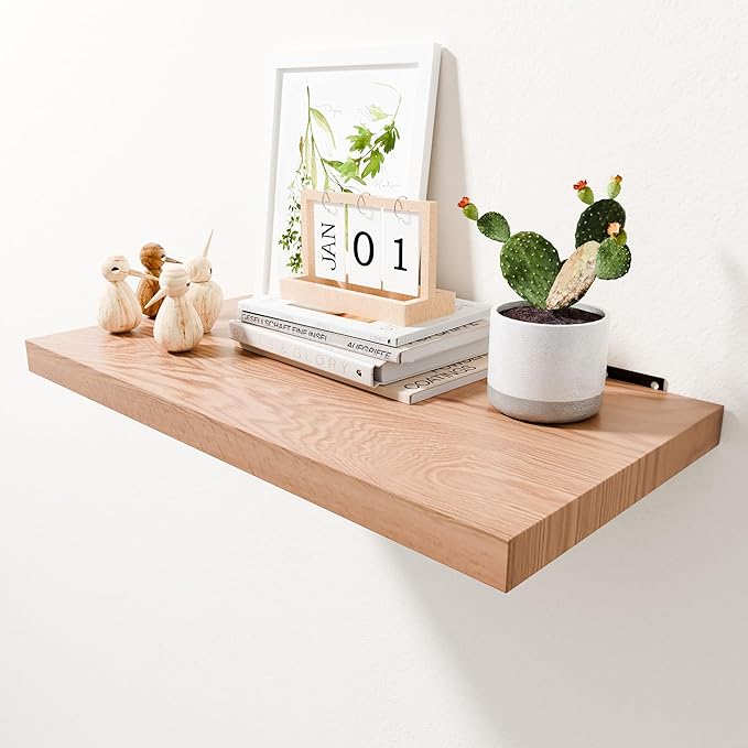 24 Inch Solid Oak Floating Shelves - Natural Wood 12 Inch Deep Wall Shelf, Rustic Display Shelf, Hanging Wall Shelf Decoration for Bedroom, Bathroom, Living Room