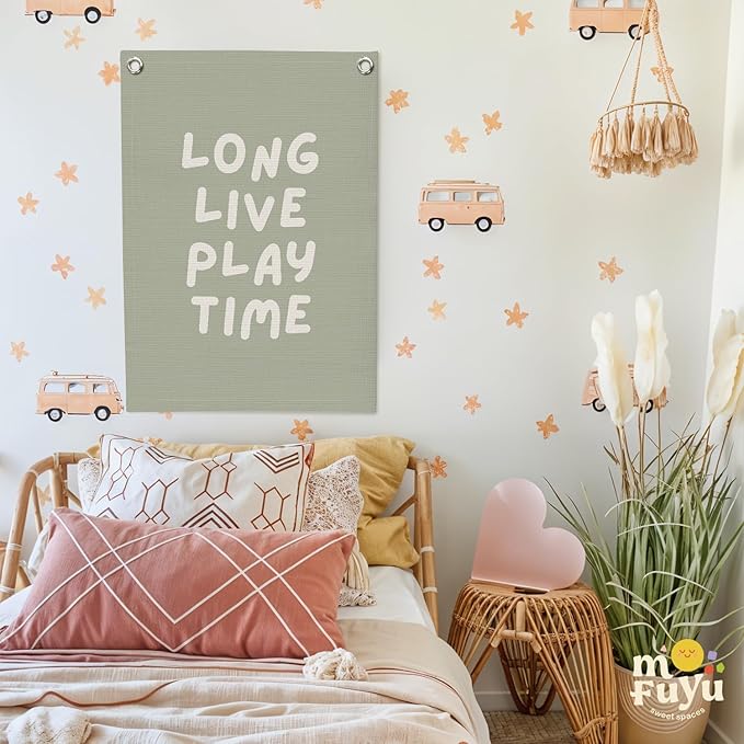 Playroom Decor,Long Live Playtime Wall Hanging Linen Banner,Sage Green Striped Wall Flag for Kids Room Nursery Playroom Decor,18x25 Inch