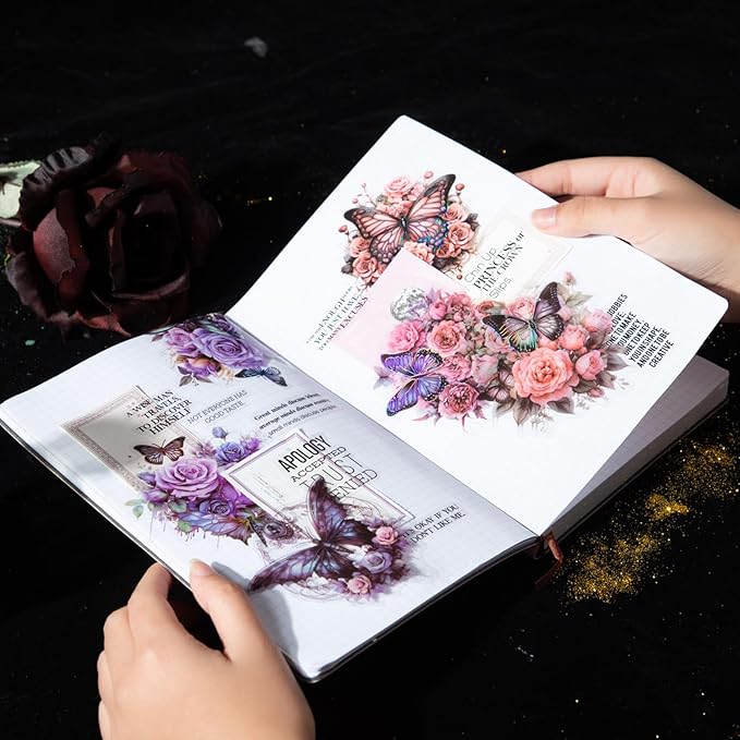 Yoksas 60Pcs Vintage Gothic Holographic Shiny Butterfly Flower Stickers - Clear Waterproof Dark Spooky Butterfly Stickers for Scrapbooking,Junk Journals,Witchcraft Supplies