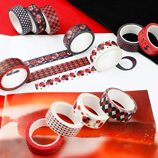 12 Rolls Insect Washi Tape, Seven Star Ladybug Masking Tape, Red Black Spots Decorative Tape for Journaling, Scrapbooking, DIY Crafts, Planner, Gift Wrapping, 16.4FT