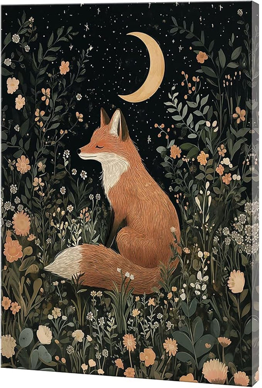 Fairytale Dreamy Fox Wall Art Vintage Moonlit Forest Floral Plant Night Canvas Poster Print Whimsical Nature Aesthetic Picture Decor for Nursery Living Room Bedroom Office 12x16inch Framed
