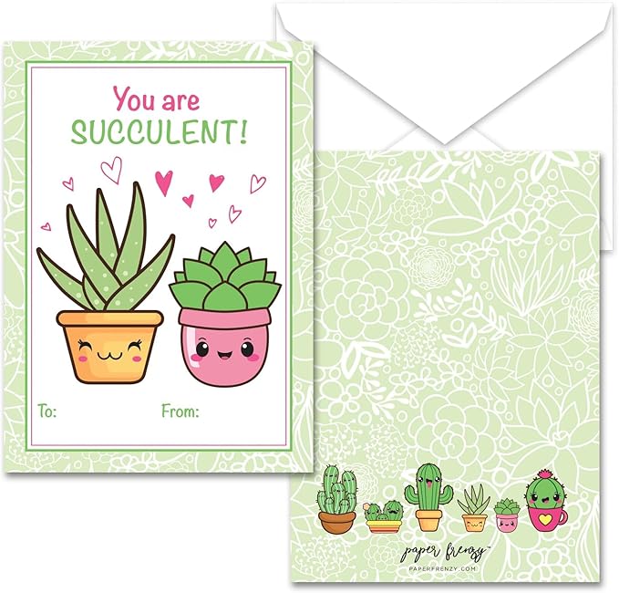 Paper Frenzy Succulent Themed Valentines - 25 pack WITH ENVELOPES