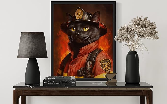Firefighter Portrait Art Poster Print, Cat Kitten Painting Humor Portrait Pet Artwork Decor Gallery A8 (Firefighter, 8 x 10 inches, Unframed)