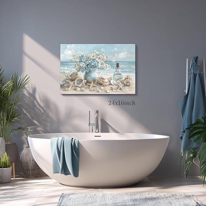 LLEEMPI Framed Coastal Beach Wall Art, Seashell Starfish Ocean Wall Decor, Shell Floral Sea Canvas Print, Blue Sky White Cloud Landscape Poster Print for Bathroom Bedroom Office 12x16 Inch