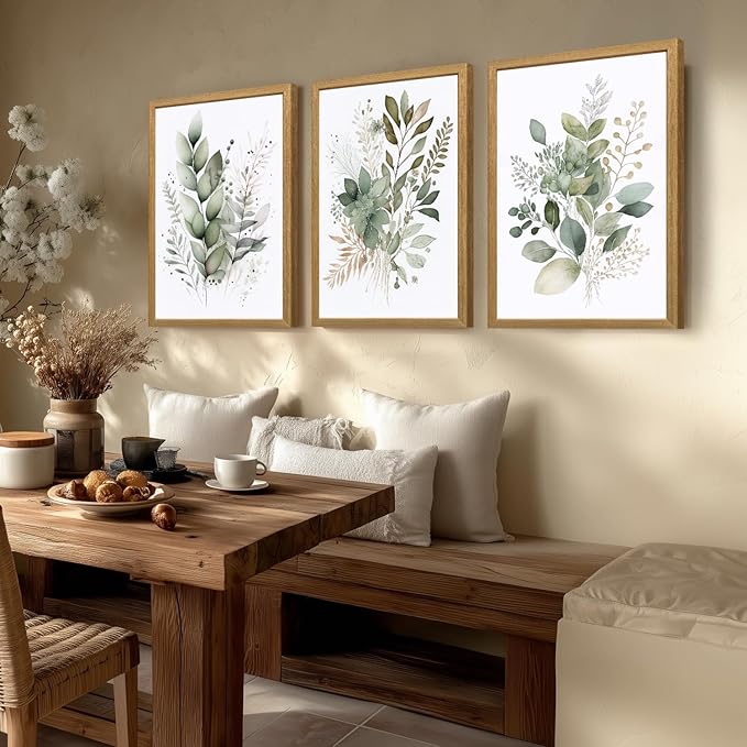 LLEEMPI Sage Green Wall Art Set of 3, Modern Watercolor Botanical Wall Decor, Eucalyptus Leaf Canvas Painting, Classic Minimalist Florals Poster Print for Bedroom Bathroom Office Wood Framed 12x16 Inch