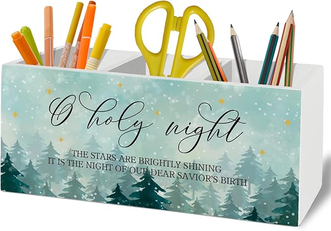 O Holy Night Christian Christmas Pen Pencil Holder Organizer for Desk Accessories, Nativity Christmas Rustic Winter Tree Holiday Wooden Box Sign Desk Decor for Home Office Decoration
