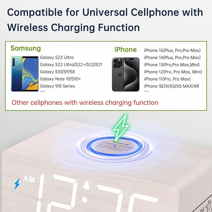 DreamSky Wooden Digital Alarm Clock with Wireless Charging for Bedroom, Bedside Nightstand Clock with Charger Station, USB Port, Large Numbers, Adjustable Volume, Brightness Dimmer, DST
