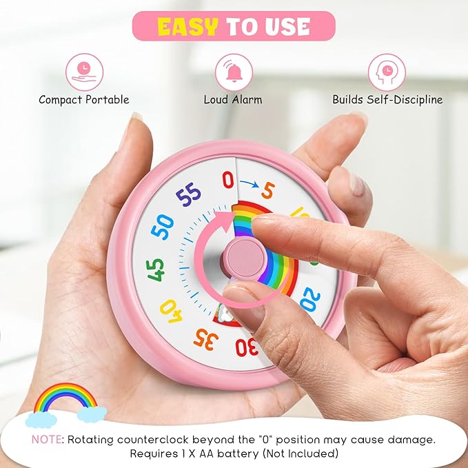 HIPPIH Visual Timer for Kids, 60 Minute Countdown Timers for Classroom Kitchen Office, Rainbow Disk Desk Timer Clock with Silent Operation, Pomodoro Timer Time Management Tools for Toddler ADHD Pink