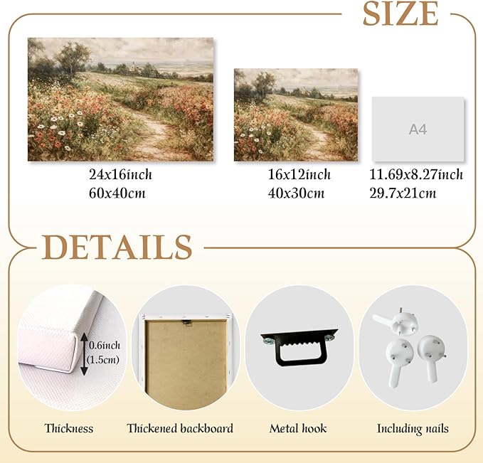 LLEEMPI Framed Vintage Wildflower Wall Art, Country Botanical Wall Decor, Floral Meadow Nature Canvas Painting, Rustic Farmhouse Poster Print for Living Room Bedroom Bathroom Office 12x16 Inch