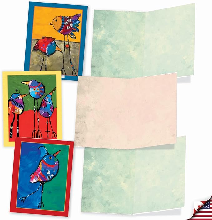 The Best Card Company - 10 Assorted Blank All Occasions Notecards Bulk Box Set 4 x 5.12 Inch with Envelopes (10 Designs, 1 Each) - Bohemian Birds M3319