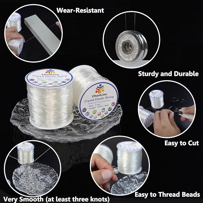 1mm Elastic Bracelet String, 2 Rolls of Crystal Clear Elastic Cord for Bracelets, Necklaces, Beading, and Jewelry Making (200 m)