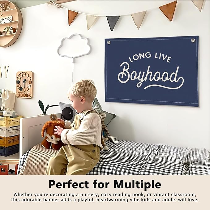 Navy Blue Long Live Boyhood Boys Room Decor - Linen Banner Wall Hanging Canvas Banner Flag Decor for Toddler Boy Bedroom Nursery Playroom