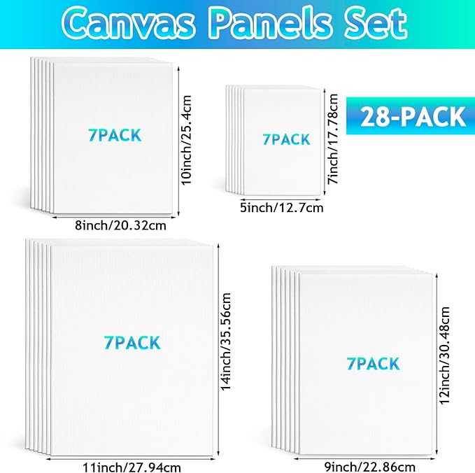 28 Pack Canvas Boards for Painting, White Canvas Panels, Multi Pack 5x7, 8x10, 9x12, 11x14 Gesso Primed Acid-Free Painting Canvases, Blank Canvases for Watercolor Acrylic Oil Tempera Paints