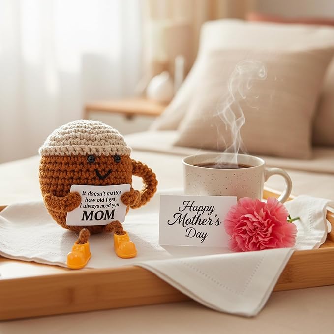 Christmas Birthday Gifts for Mom from Daughter Son Kids, Mothers Day Crochet Coffee Lover Gifts, Cute Funny Small Handmade Presents Meaningful Desk Decor
