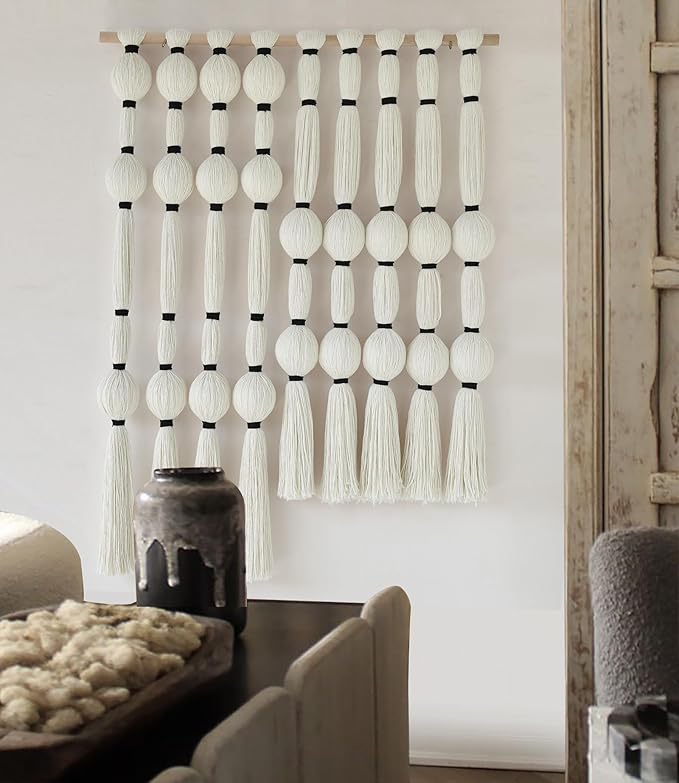 Fiber Macrame Wall Hanging Boho Ball Wall Art Bohemian for Living Room Bedroom White