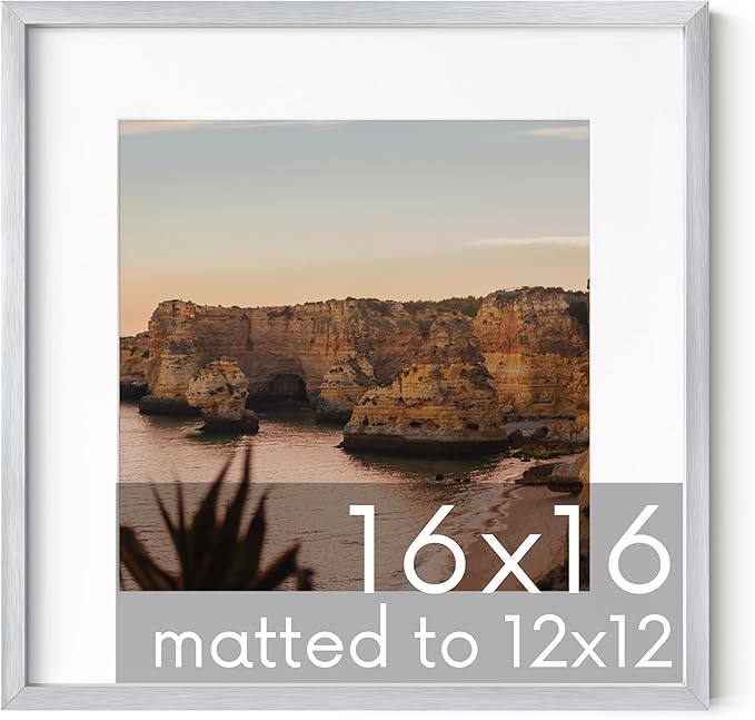 HAUS AND HUES 16x16 Silver Metal Picture Frame Matted to 12x12 - Premium Aluminum with Hanging Hardware, Shatterproof Plexiglass - Ideal for Home or Office (16x16 in, Silver, Set of 1)