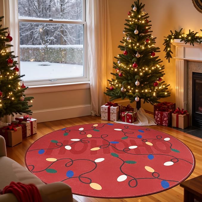 jinchan Jingle Lights Round Christmas Rug for Living Room 5ft Red Circle Holiday Rug for Bedroom 5' Colored String Lights Printed Xmas Decor Washable Indoor Carpet for Dining Room Foyer Non-Slip