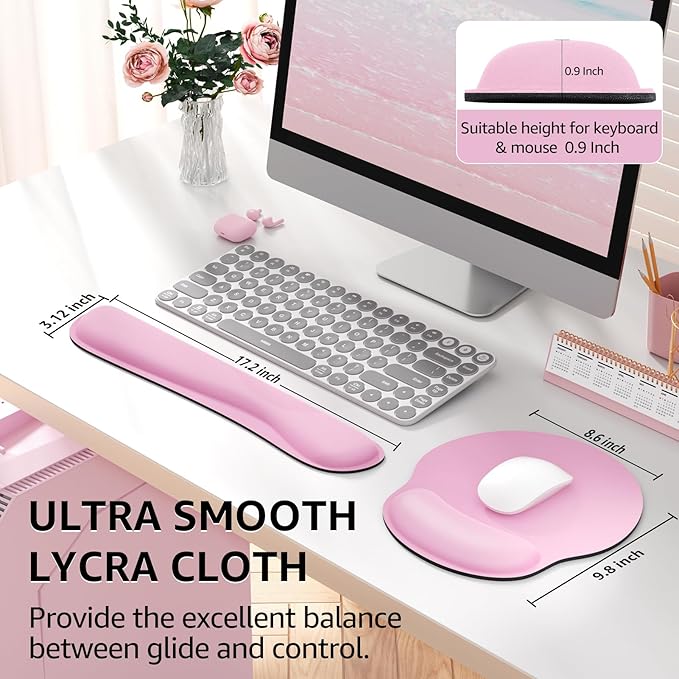 KTRIO Ergonomic Keyboard Wrist Rest, Memory Foam Mouse Pad with Wrist Rest for Computer Keyboard, Mouse Pad Set for Easy Typing & Pain Relief for Office & Home, Pale Pink