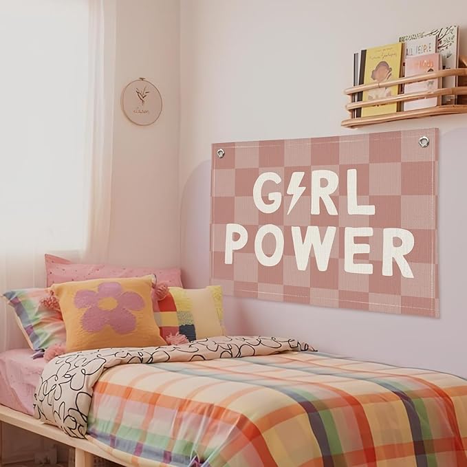 Pink Girls Room Wall Decor Banner, Girl Power Linen Canvas Banner, Inspirational Wall Hanging Decor for Little Toddler Baby Girls Room Playroom