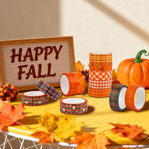 12 Rolls Autumn Washi Tape Set, Thanksgiving Theme Grid Pumpkin Maple Fall Decorative Tape for Bullet Journal, Scrapbooking, Planner, DIY Wrapping Crafts 16.4FT