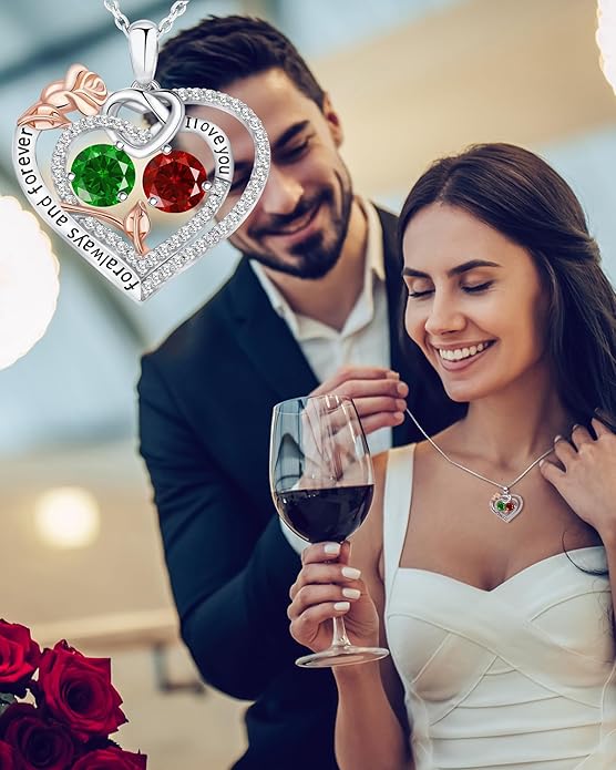 Women's Birthstone Necklace, Holiday Gift for Girlfriend, 925 Sterling Silver Heart Rose Necklace, Anniversary Birthday Gift for Wife, Daughter