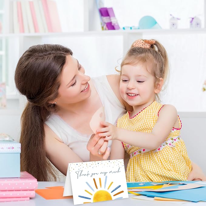Whaline 30 Packs Baby Shower Thank You Cards Boho Sun Greeting Cards Blue Sunshine Blank Note Card with Envelopes and Stickers for Birthday Holiday Baby Shower, 4 x 6 Inch