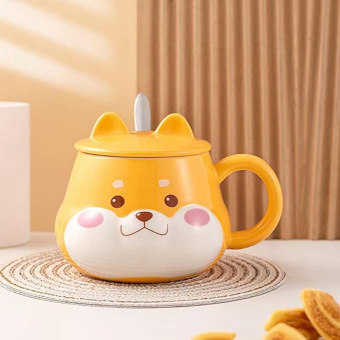 Cute Dog Couple Cup, Ceramic Coffee Mug with a Lid, Perfect as a Gift for Your Family and Friends (Cup C)