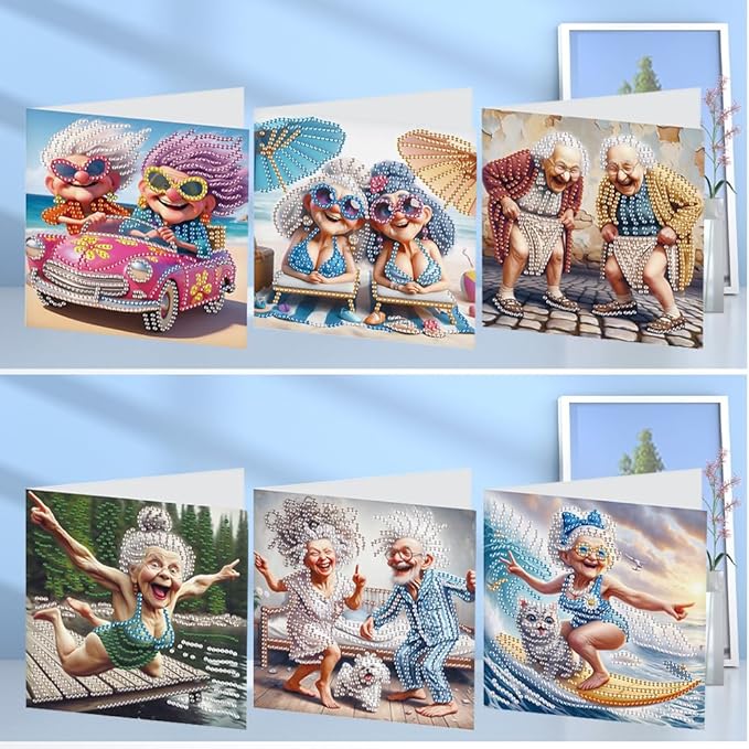 Ceitura 6Pcs DIY Diamond Art Painting Crafts Rhinestone Painting Greeting Card Making Kit Postcard for Holiday Christmas New Year Party Favors (Happy Old Lady)