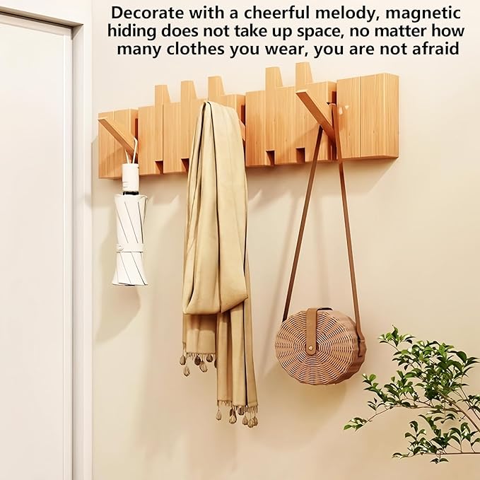 Wall Mounted Coat RackHooks Piano Key Hangers Natural Solid Wood Hanger Non-Woven Fabric Clothes Hangers for Closet, Kitchen, Bedroom, Bathroom, Entryway (Beech, 6 Hooks)