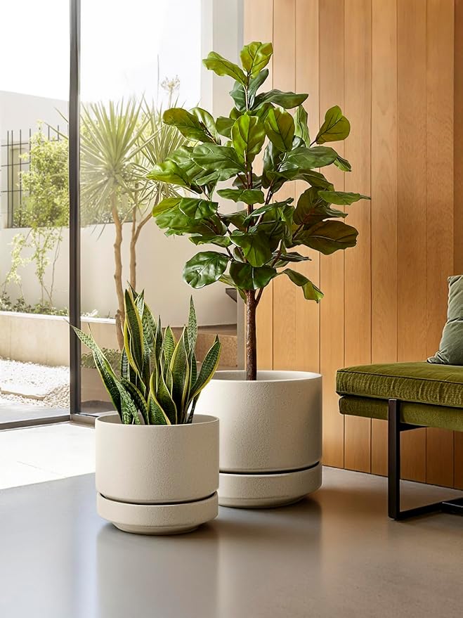 LE TAUCI Large 14 Inch Plant Pot with Saucer | Ceramic Outdoor & Indoor Big Planter Pot | Drainage Hole, Mesh Pad & Plug | Unglazed Porous | Modern Minimalist for Home and Patio – Speckled Oat