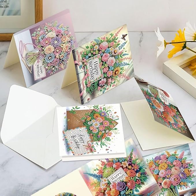 6-Pack Wishes & Blooms Bouquet Diamond Painting Greeting Card Kits, Special Shaped Diamonds Painting, DIY Handcraft for Relatives and Friends with Wishes,Unique Design Crafting for Birthday Cards